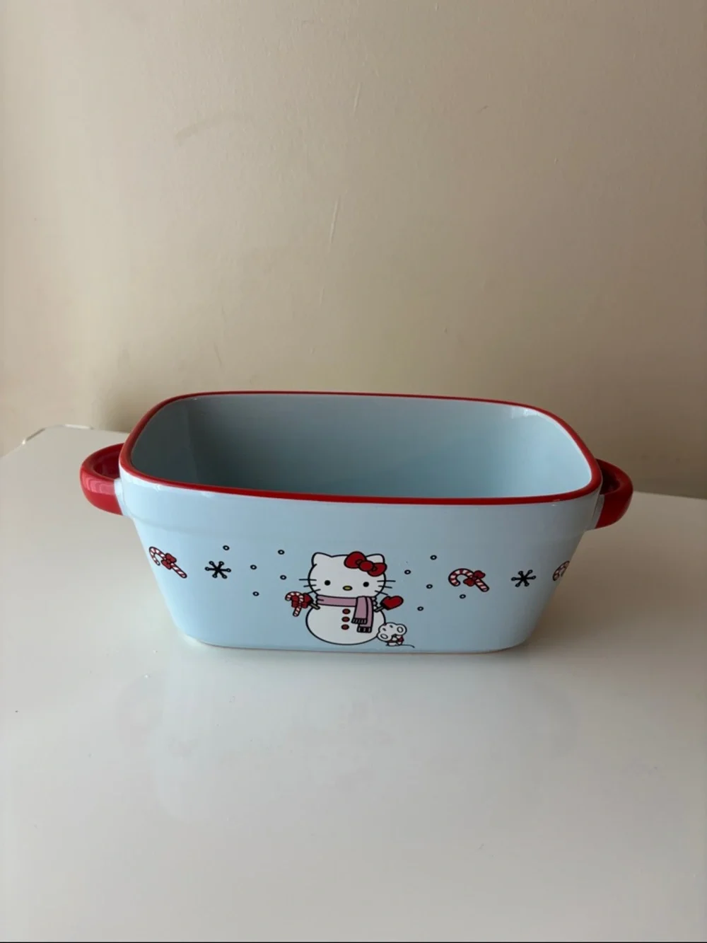 Hello Kitty Light Blue & Red Ceramic Serving Dish with Snowman Design NWOT